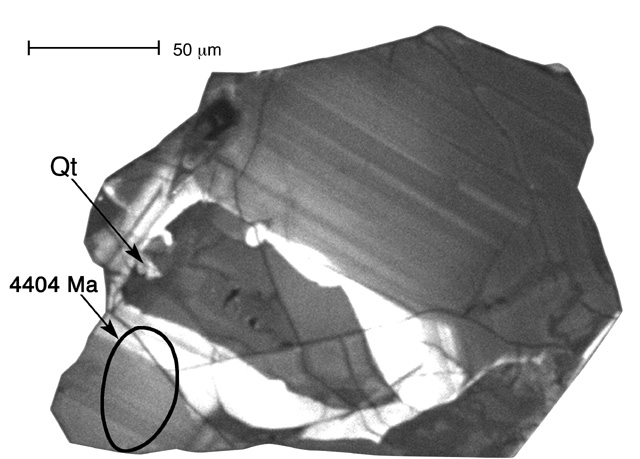 One of the oldest zircons from early Earth. Spot show was dated to 4.4 billion years ago