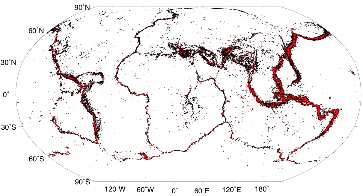 Global earthquake map, 1963 to 2008